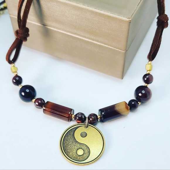 Lace Agate, Red Tiger Eye, Yin-yang charm necklace - Picture 2 of 5